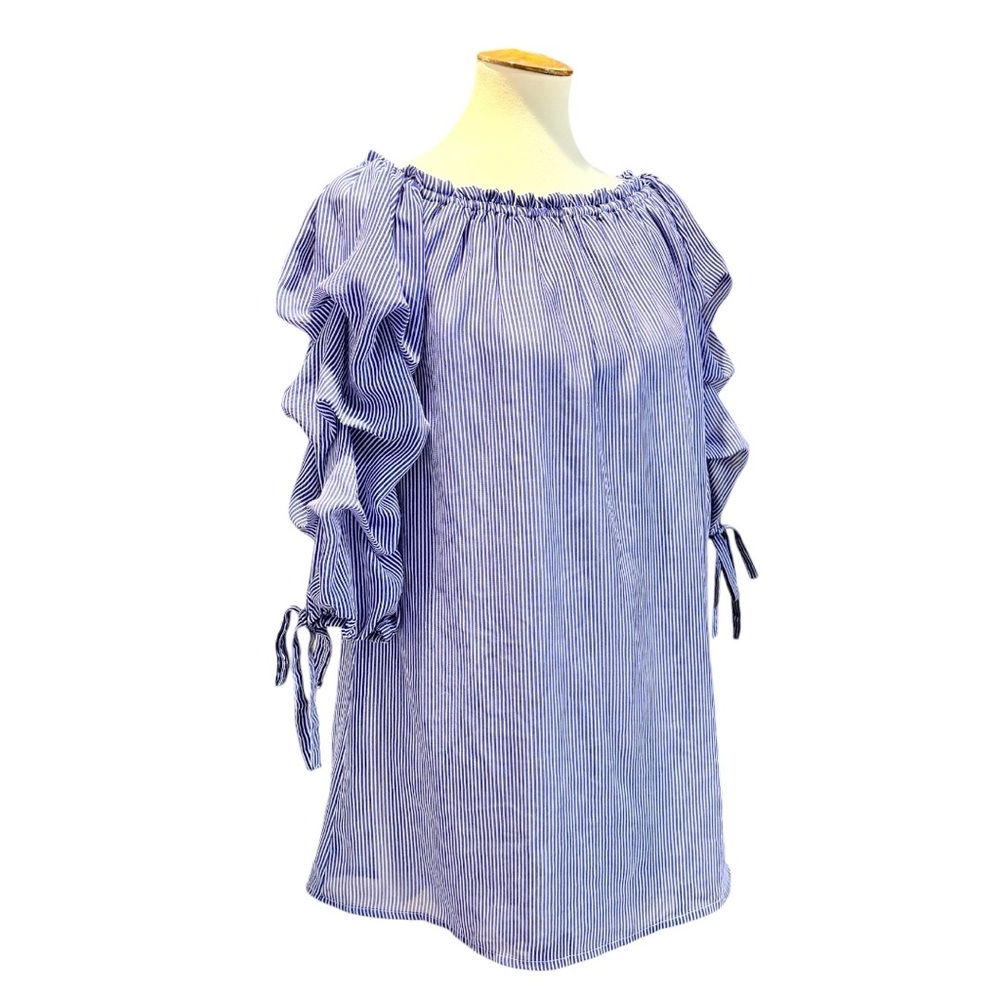 Feathers Ruched Sheer Sleeve, Blue & White Striped Blouse Sz L Elastic Neckline